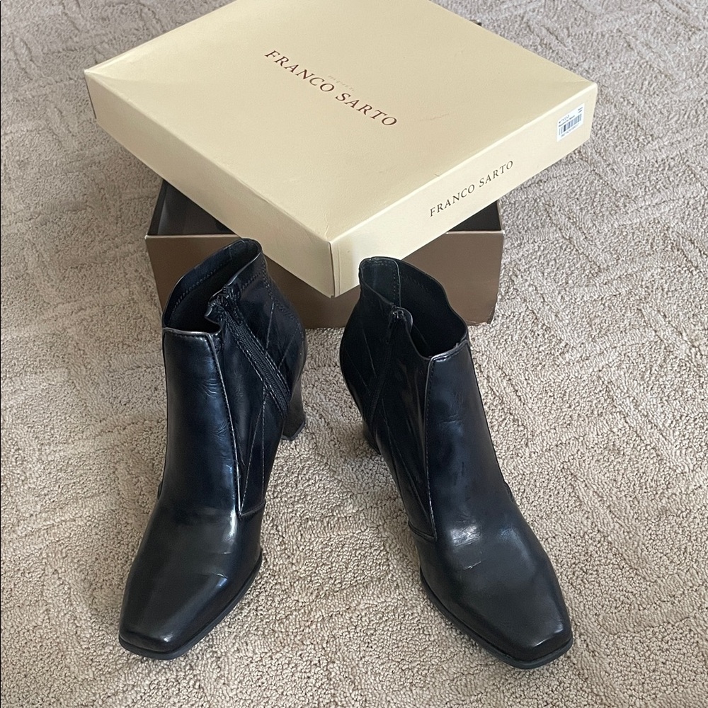 Franco Sarto Black Leather Square-Toe Ankle Boots